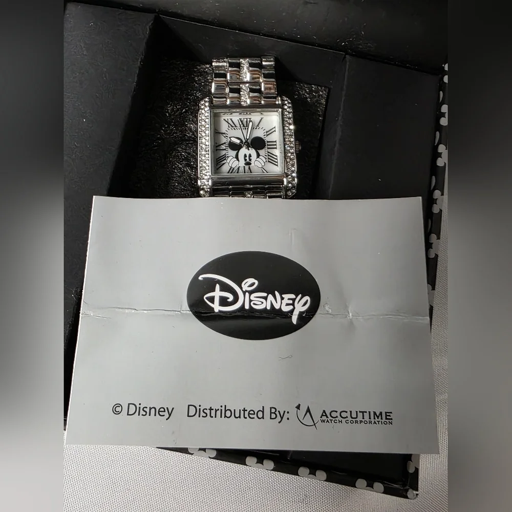 Disney Accutime Mickey Mouse Crystal Embellished Silvertone Link Bracelet Watch